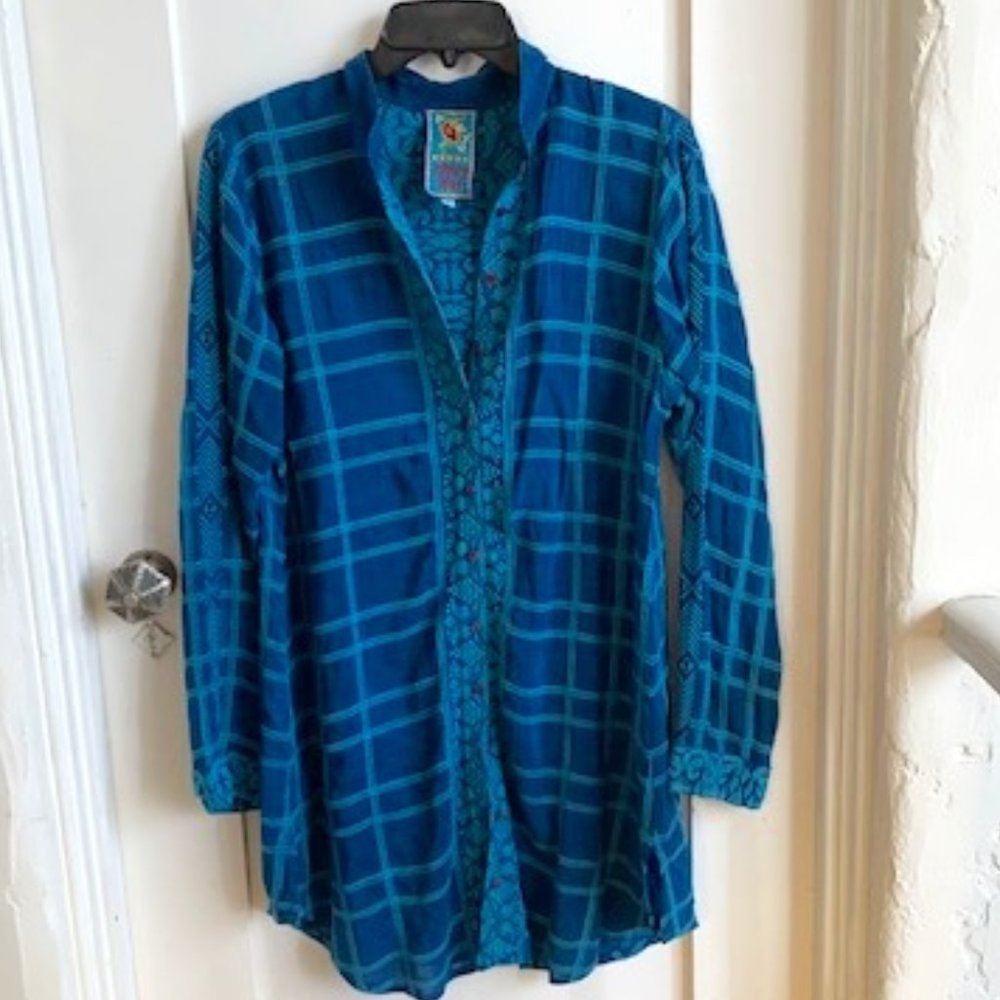 JOHNNY WAS TURQUOISE EMBROIDERED BUTTON FRONT TUNIC JACKET